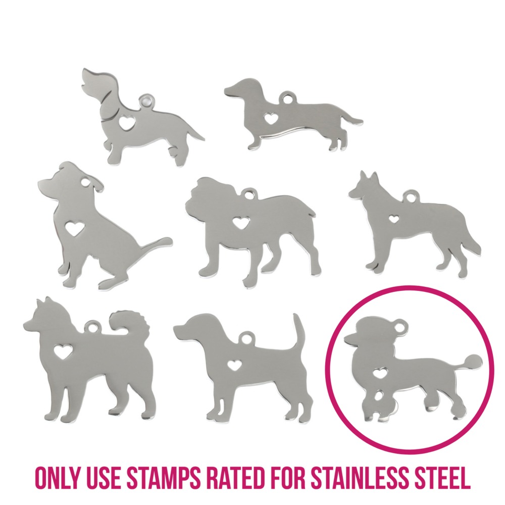 Metal Stamping Blanks Stainless Steel Poodle Dog with Heart Cutout and Top Loop, 31mm (1.22") x 23mm (.91"), 14g